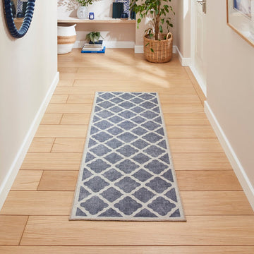 Washable Coral H1063 Modern Distressed Geometric Lattice Textured Recycled Lightweight Printed Polyester Flatweave Blue Runner-Think Rugs-Rug Love - The Most Loved Rug Store